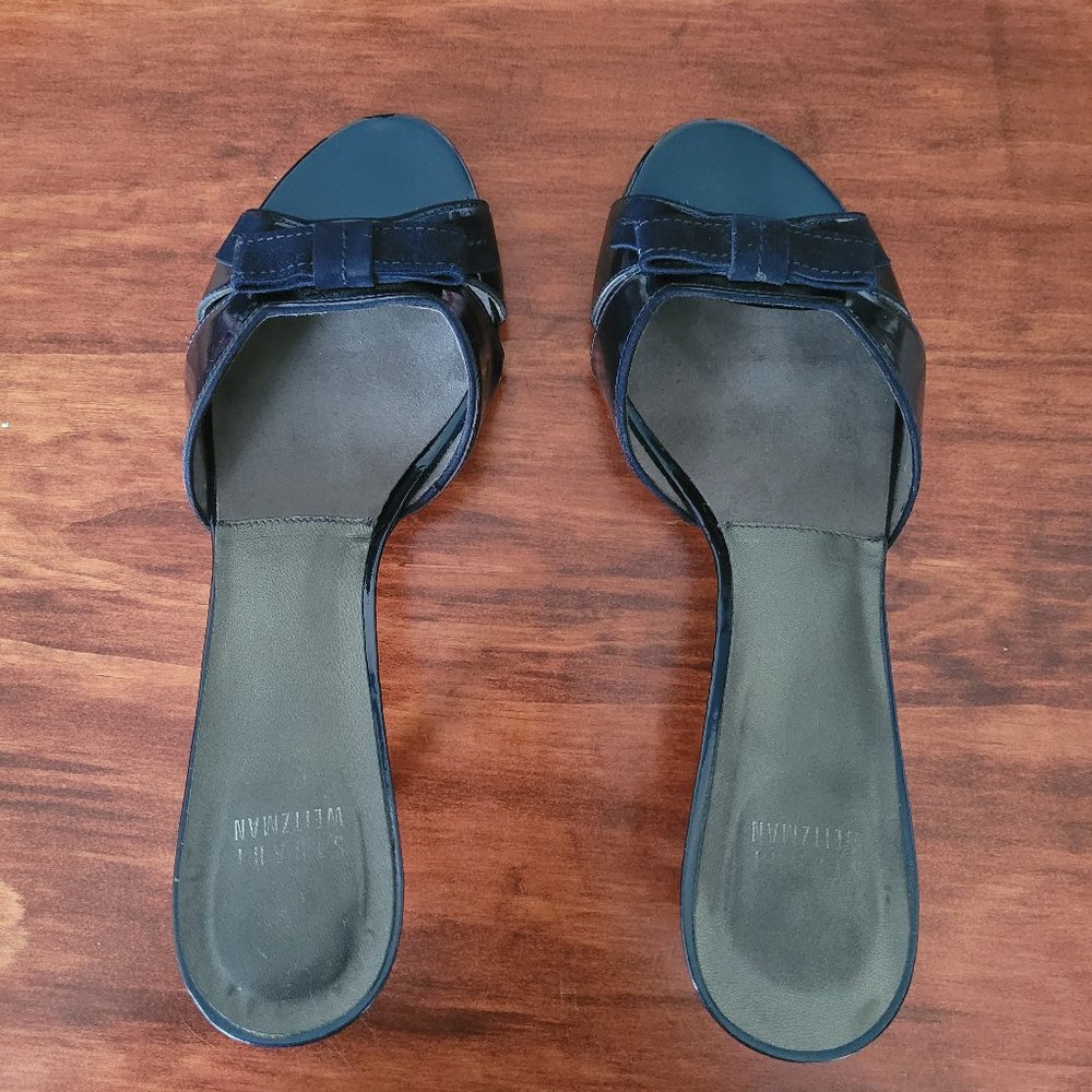Stuart Weitzman Shiny Metallic Mermaid Blue Kitten Heels Slip On Mules Size 7.5